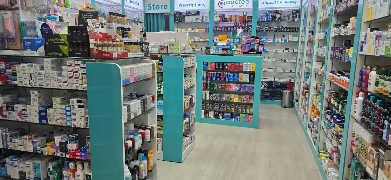 Wide view of the pharmacy counter and shelves